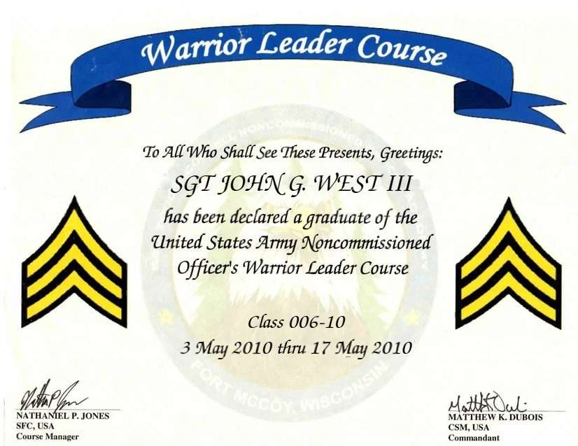 Warrior Leader Course Certificate
